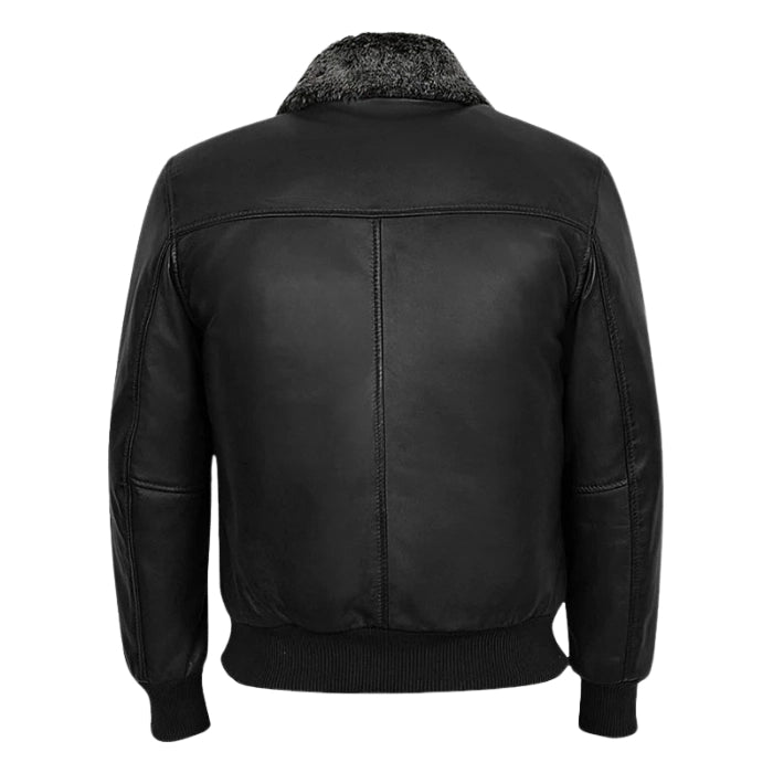 Norveil Shearling Black Fur Collar Leather Bomber Jacket