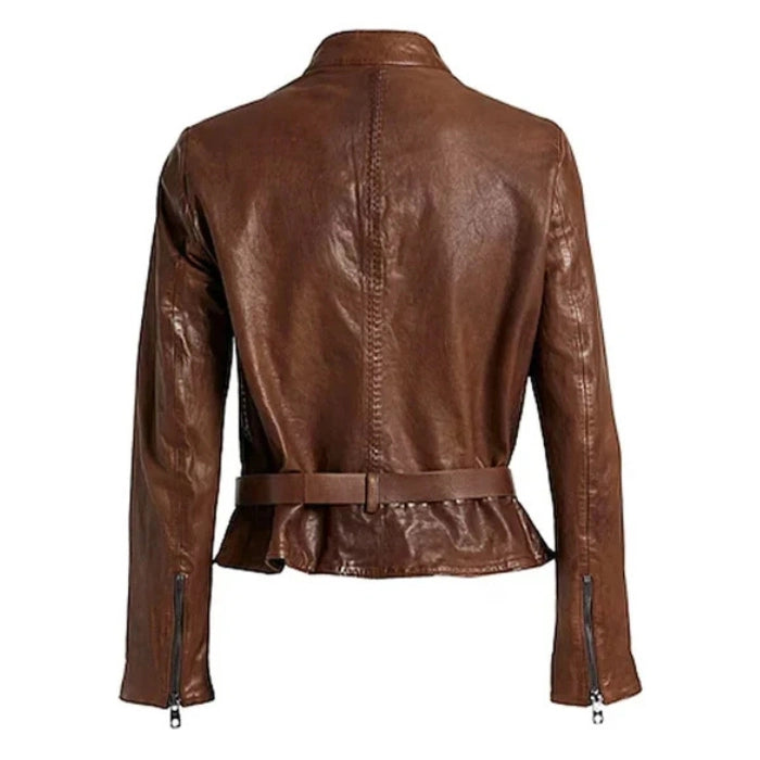 Women's Brown Stylish Button Leather Biker Jacket