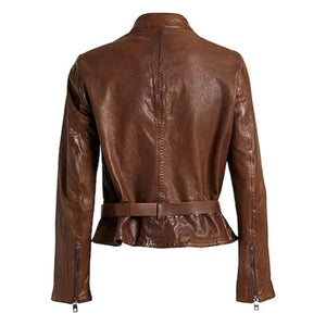 Women's Brown Stylish Button Leather Biker Jacket