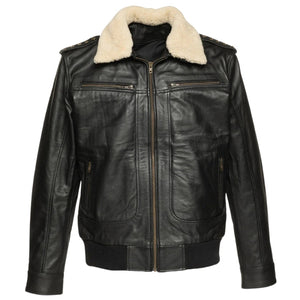 Men's Real Leather Fur Collar Bomber Jacket