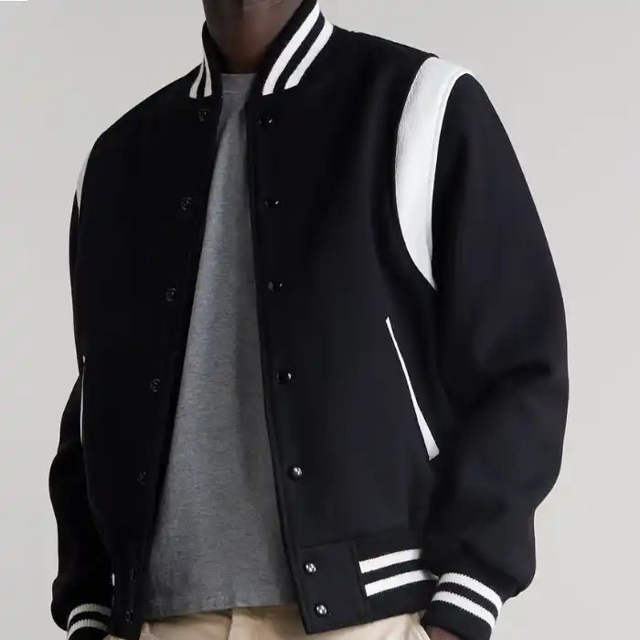 Hayes Black Wool Varsity Jacket with White Leather Detail