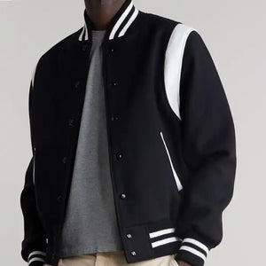 Hayes Black Wool Varsity Jacket with White Leather Detail