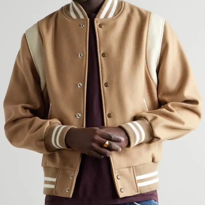 Hayes Camel Wool Varsity Jacket with Beige Leather Detail