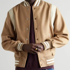 Hayes Camel Wool Varsity Jacket with Beige Leather Detail