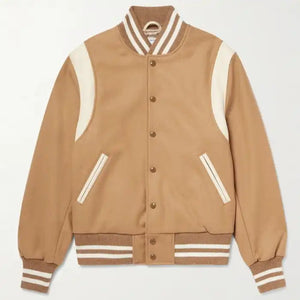 Hayes Camel Wool Varsity Jacket with Beige Leather Detail