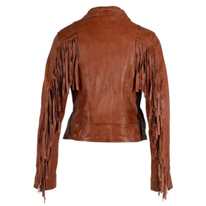 Women's Orange Burnt Fringe Leather Jacket
