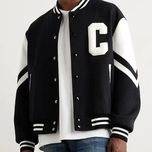 Sterling Letterman in Black Wool & White Leather