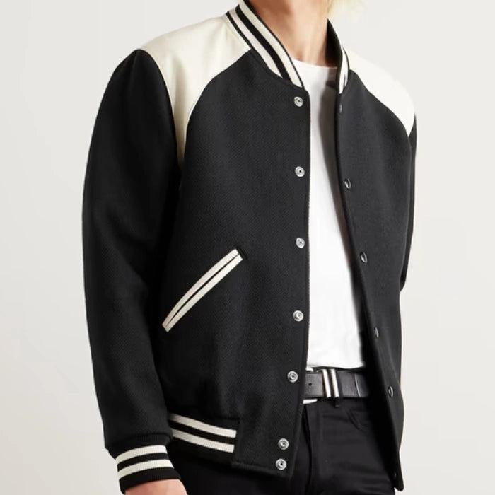 Mercer Black Wool Varsity Jacket with Leather Trim