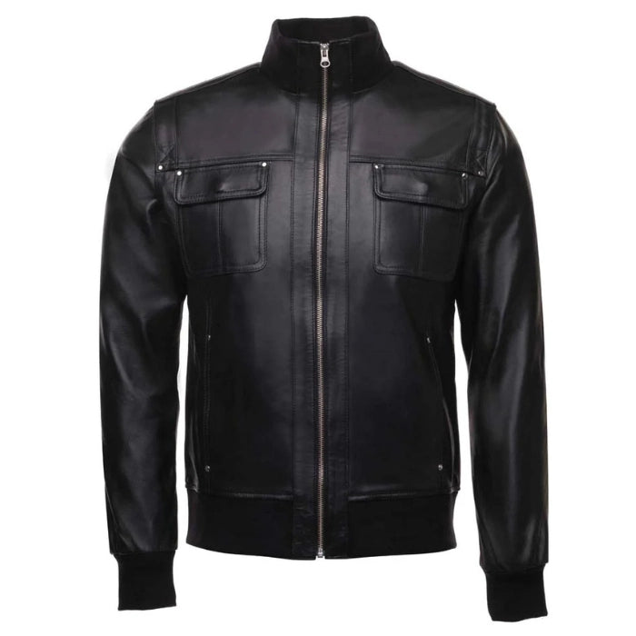 Men's Black Ribbed Collar Bomber Leather Jacket