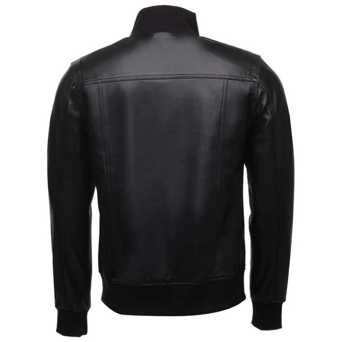 Men's Black Ribbed Collar Bomber Leather Jacket