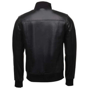 Men's Black Ribbed Collar Bomber Leather Jacket