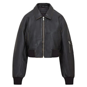 Renat Oversized Leather MA-1 Cropped Bomber Jacket