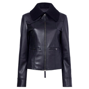 Rovella Modern Ribbed Collar Leather Jacket