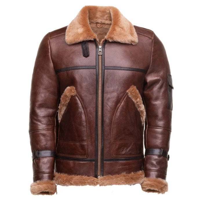 Tundrix Brown Sheepskin Shearling Bomber Jacket for Men