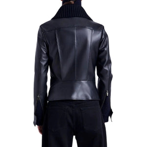 Rovella Modern Ribbed Collar Leather Jacket