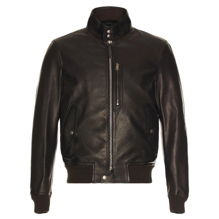 Ovrick Men’s High-Neck Bomber Leather Jacket
