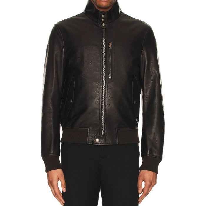 Ovrick Men’s High-Neck Bomber Leather Jacket