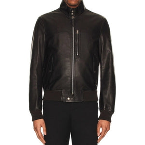 Ovrick Men’s High-Neck Bomber Leather Jacket