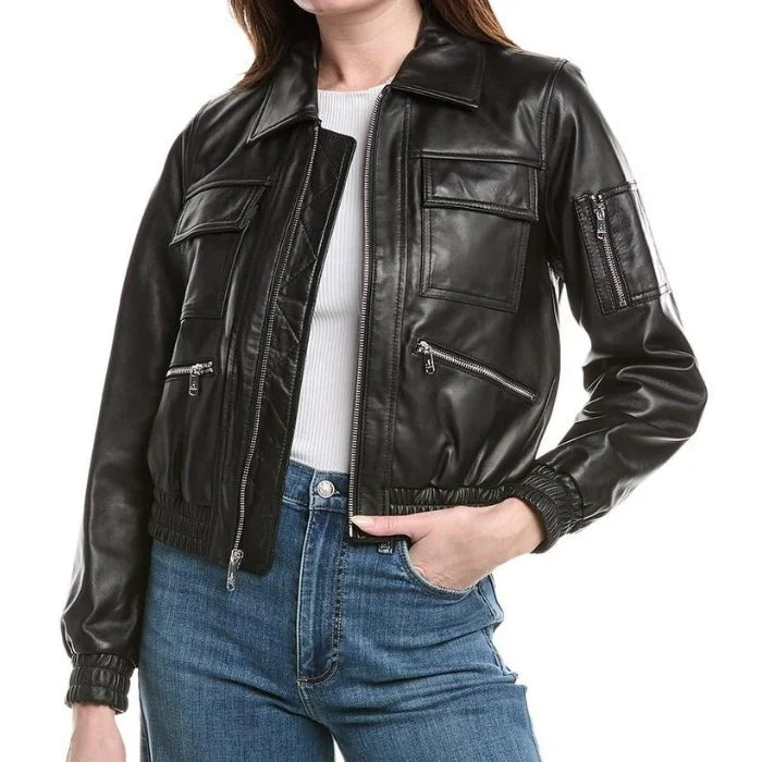 Noelle Multi-Pocket Leather Bomber Jacket
