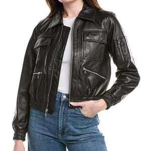 Noelle Multi-Pocket Leather Bomber Jacket