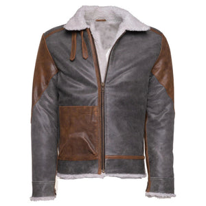 Elvon Leather Patched White Shearling Bomber Jacket