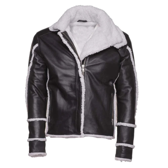 Kaelen Leather Shearling Bomber Jacket with Double Collar