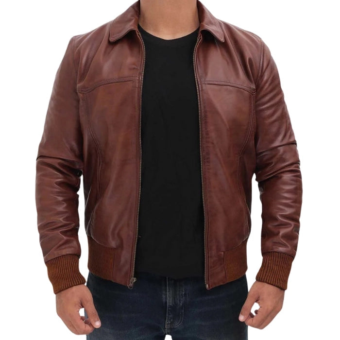 Men's Classic Shirt Collar Leather Bomber Jacket