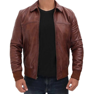 Men's Classic Shirt Collar Leather Bomber Jacket