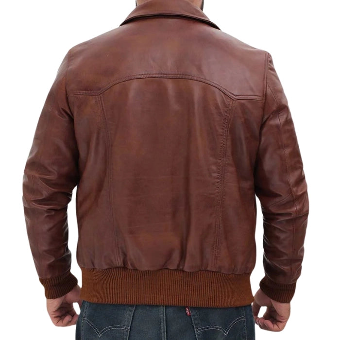 Men's Classic Shirt Collar Leather Bomber Jacket