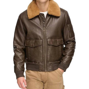 Men's Fur Collar Leather Bomber Jacket