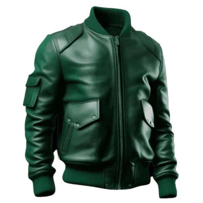Men's Green Sleeve Pocket Bomber Leather Jacket