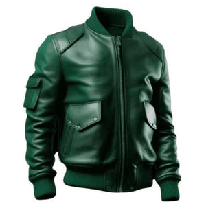 Men's Green Sleeve Pocket Bomber Leather Jacket