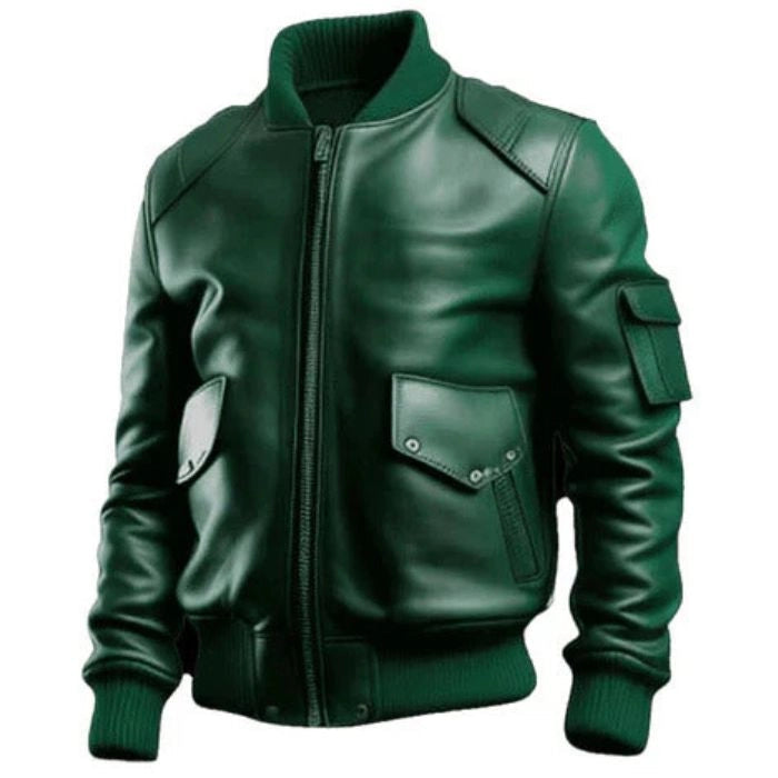 Men's Green Sleeve Pocket Bomber Leather Jacket