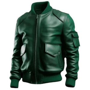 Men's Green Sleeve Pocket Bomber Leather Jacket