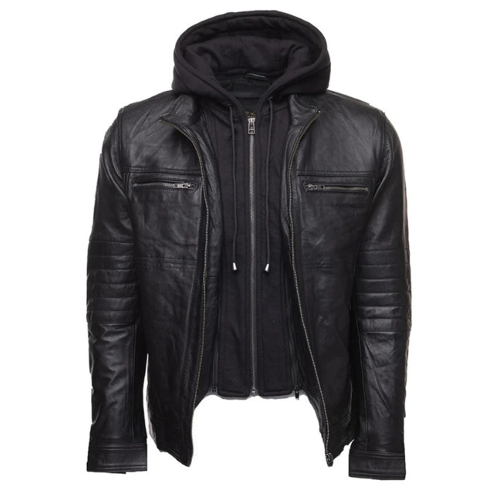Men's Black Wilder Removable Hoodie Leather Jacket