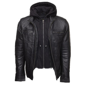 Men's Black Wilder Removable Hoodie Leather Jacket