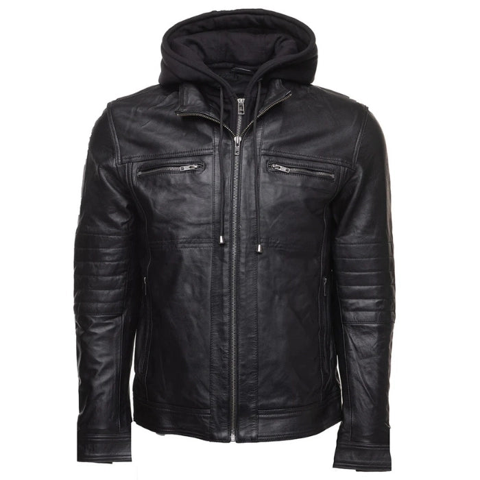 Men's Grey Hoodie Black Leather Jacket