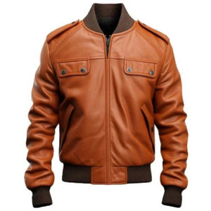 Men Tan Strap Pocket Bomber Leather Jacket