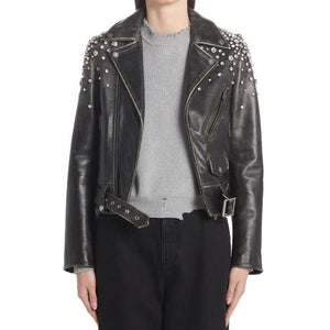 Women's Crystal Embellished Moto Leather Jacket