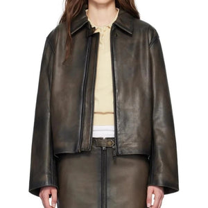 Arden Distressed Boxy Olive Leather Jacket
