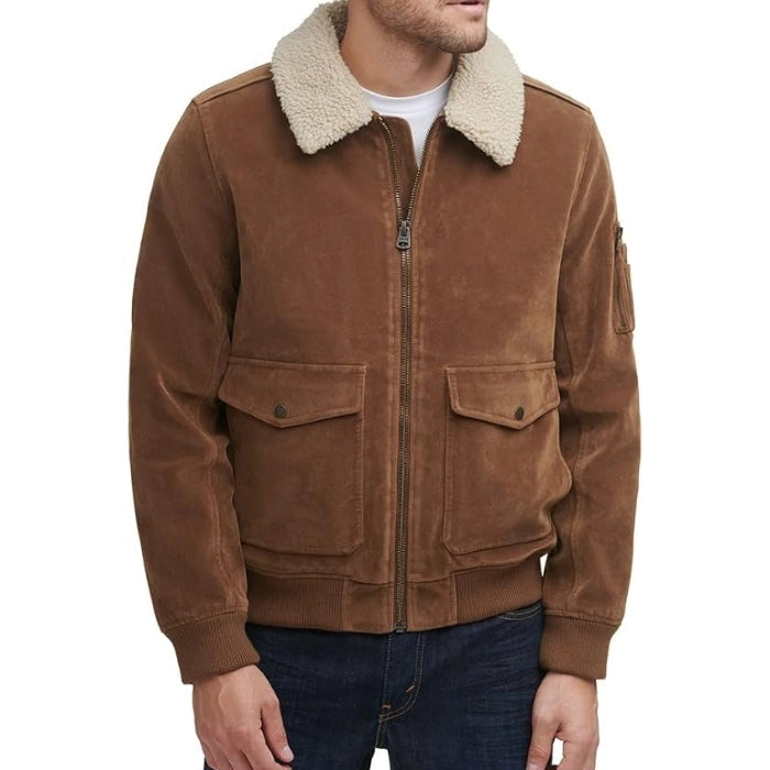 Men's Suede Leather Fur Collar Bomber Jacket