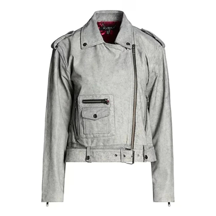 Women's Grey Cropped Biker Leather Jacket