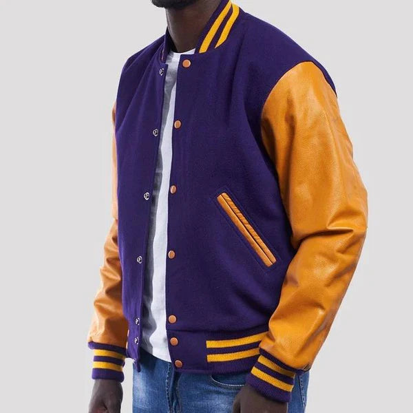 Purple Wool Body & Bright Gold Leather Sleeves Varsity Jacket