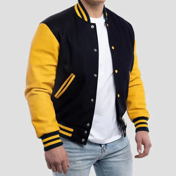 Navy Blue Wool Varsity Jacket with Lemon Leather Sleeves