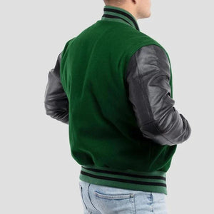 Green Wool Body & Black Leather Sleeves Varsity Jacket