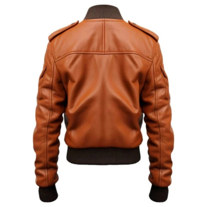 Men Tan Strap Pocket Bomber Leather Jacket