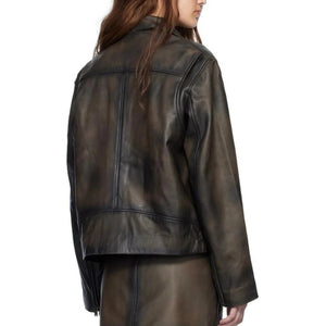 Arden Distressed Boxy Olive Leather Jacket