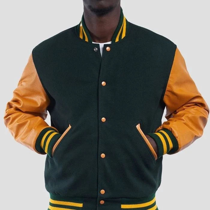 Green Wool & Bright Gold Leather Sleeves Varsity Jacket