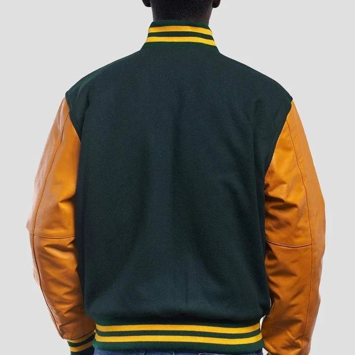 Green Wool & Bright Gold Leather Sleeves Varsity Jacket
