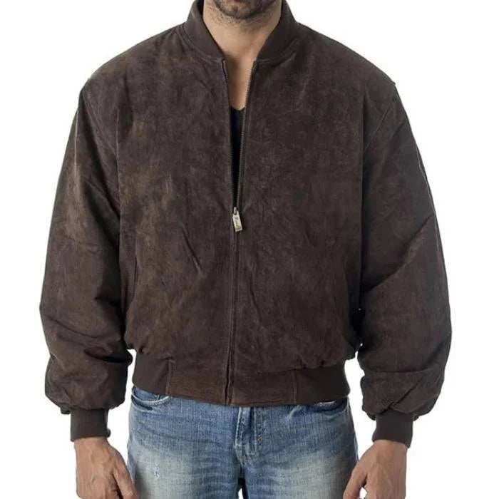Men's Zipper Suede Leather Bomber Jacket